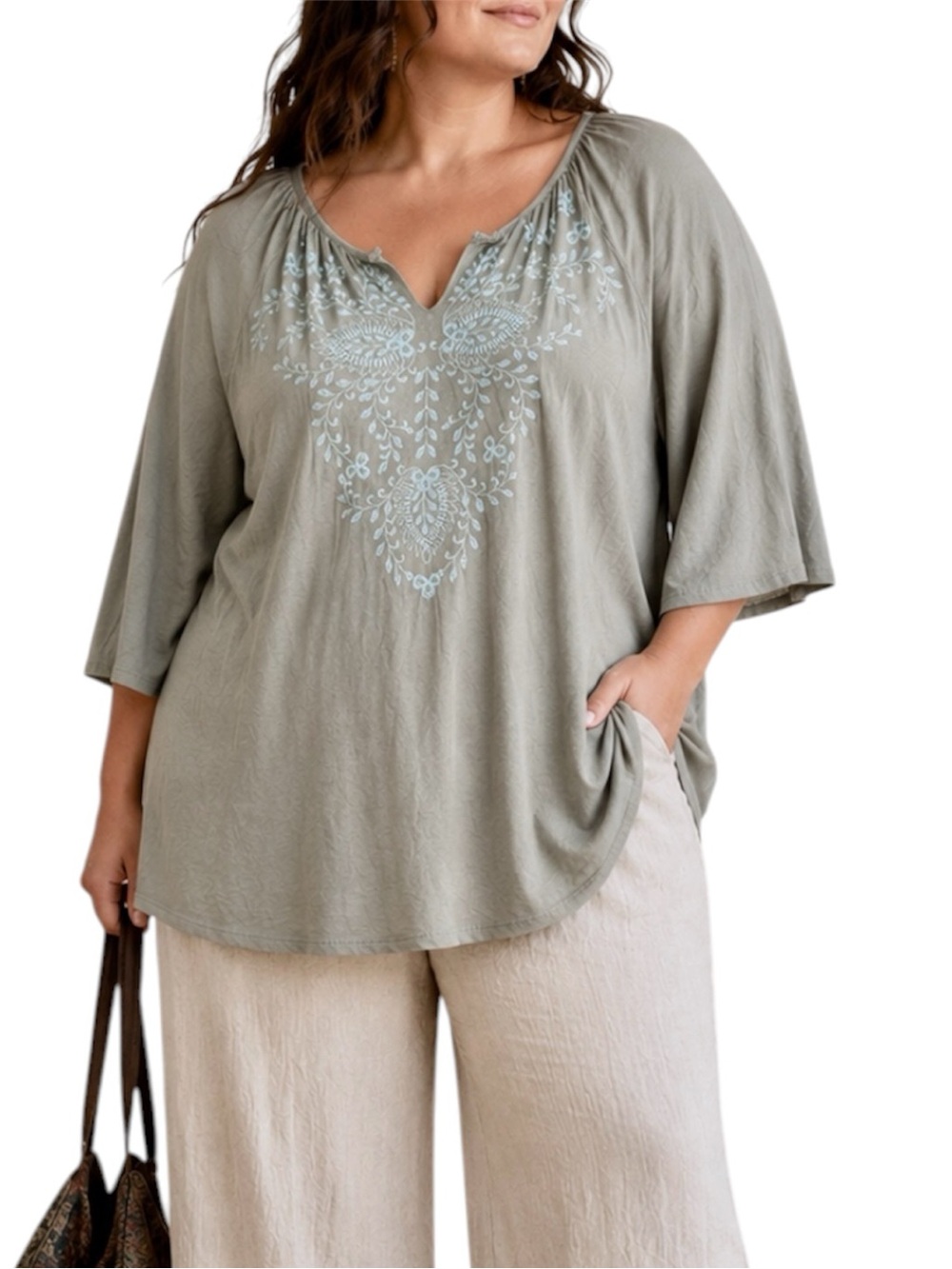J. Jill Embroidered Tunic Sage 3/4 Sleeve Peasant Boho Cotton Modal Plus Size 4X